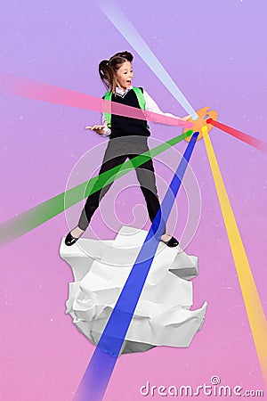 Vertical composite collage picture of excited funny girl stand big crumpled paper hold colorful palette radiate rays Stock Photo