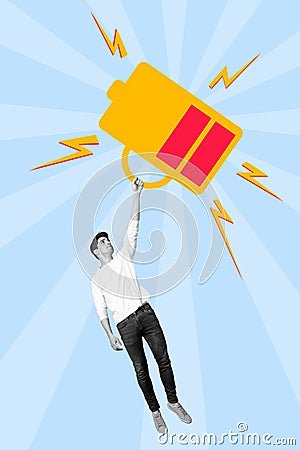 Vertical composite collage portrait of tired exhausted young man hanging big discharged battery coffee kettle try Stock Photo