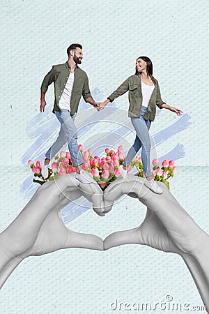 Vertical composite design collage of two people love story couple hands together heart sign soulmates marriage isolated Stock Photo