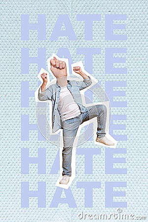 Vertical composite photo collage of young headless man thumb fig symbol negative hate concept bullying isolated on blue Stock Photo