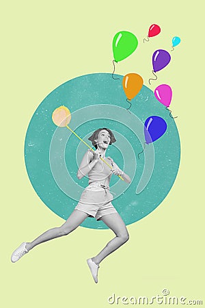 Vertical composite picture of overjoyed black white filter person flying hold fishnet catch balloons isolated on drawing Stock Photo