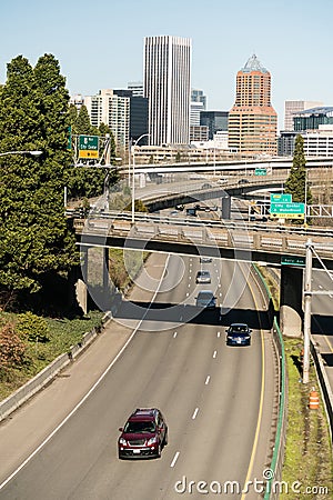 Interstate 5 Portland Oregon Highway Carries Cars South From Downtown Stock Photo