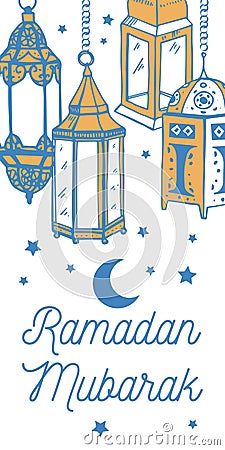 Vertical composition with traditional Ramadan lamps. Hand drawn vector sketch illustration Vector Illustration