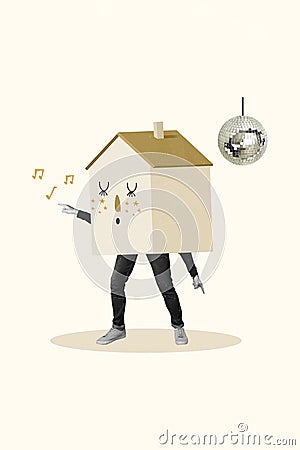 Vertical creative artwork composite photo collage of weird person with house head dancing in disco club isolated on Stock Photo