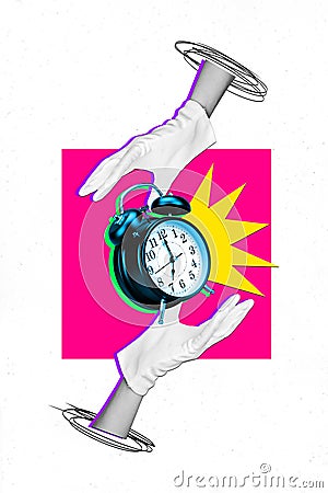 Vertical creative collage banner poster ringing alarm clock timer bell hurry late miss appointment time management two Stock Photo