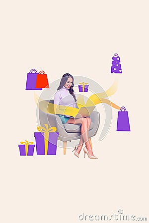 Vertical creative collage brochure sitting young lady browsing laptop buy eshop shopping bags presents gifts holiday Stock Photo