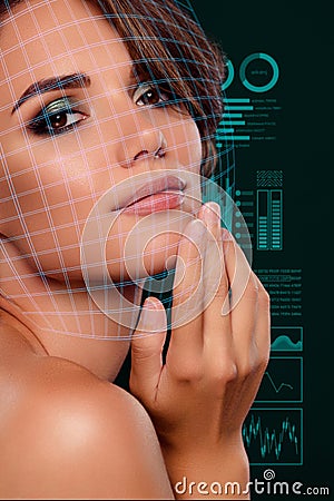 Vertical creative collage image of adorable girl make up touch face visage scan face beauty device skin analyzing Stock Photo