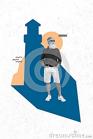 Vertical creative collage image of aged person black white colors pit hands pockets isolated on lighthouse building Stock Photo