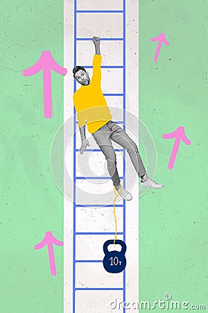 Vertical creative collage image of confused hanging ladder falling man scientific experiment physics gravity heavy Stock Photo