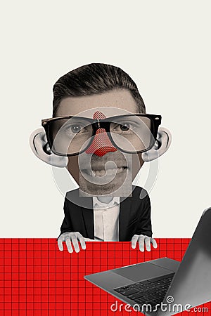 Vertical creative collage image of funny man worker different face parts caricature businessman billboard comics zine Stock Photo