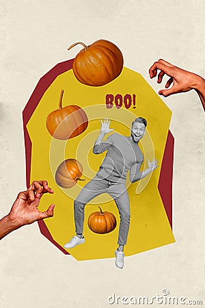 Vertical creative collage image of funny terrified man hands catch zombie pumpkin decor boo scary happy halloween Stock Photo