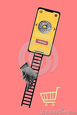 Vertical creative collage image of hand gesture two fingers legs climbing ladder telephone device screen doughnut food Stock Photo