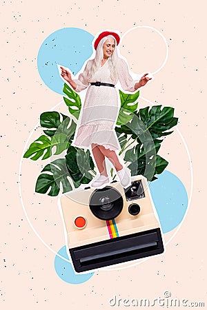 Vertical creative collage image of positive retired lady dancing feel young tropical leaves model instant photo retro Stock Photo