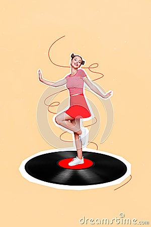 Vertical creative collage image of positive young attractive student woman mini skirt dancing retro vintage vinyl record Stock Photo