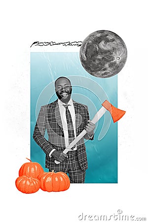 Vertical creative collage image of smiling gentleman wear costume hold sharp axe maniac butcher full moon pumpkins pile Stock Photo