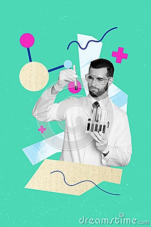 Vertical creative collage image of young doctor scientist hold lab tube medicine test freak bizarre unusual fantasy Stock Photo