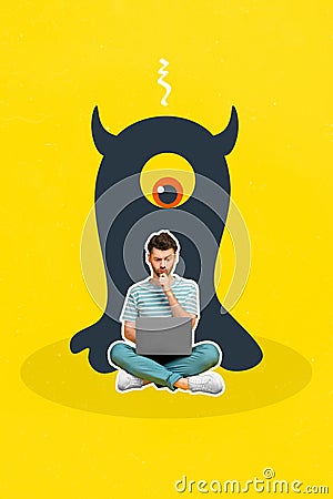 Vertical creative collage picture of pensive guy use netbook huge drawing monster behind isolated on yellow color Stock Photo