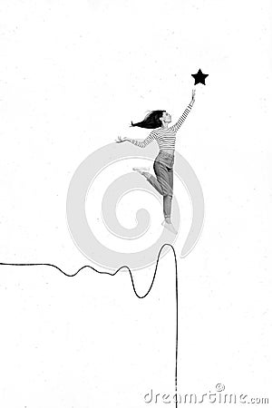 Vertical creative collage picture young retro lady reaching goal star jump upwards ambitions targets success motivation Stock Photo