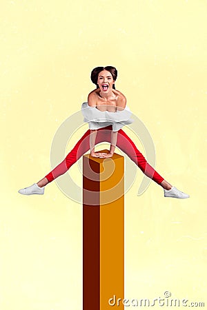 Vertical creative collage of positive active person jumping high obstacle isolated on drawing background Stock Photo