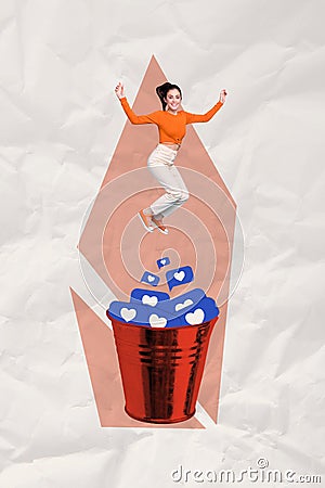 Vertical creative collage poster jumping crazy girl bucket full likes notifications popularity smm blogging Stock Photo