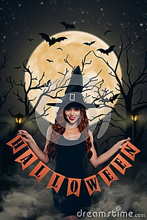 Vertical creative collage of smiling witch girl wear cone hat arms hold halloween letter flags isolated on dark forest Stock Photo