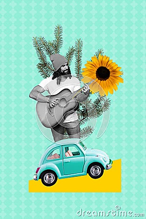 Vertical creative composite artwork photo collage of man play guitar with sunflower go on tour by car isolated on Stock Photo