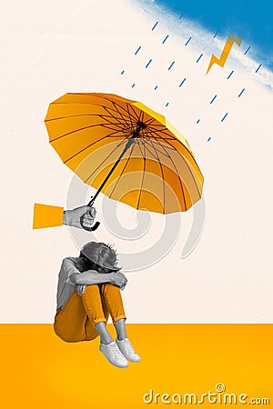 Vertical creative composite photo collage of arm hold parasol cover upset depressed woman from rain isolated on drawing Stock Photo