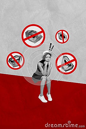 Vertical creative poster banner young sitting upset girl woman rights stop discrimination bullying social stereotypes Stock Photo