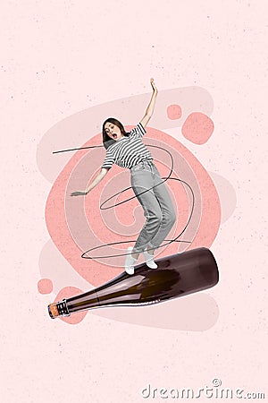 Vertical 3d creative collage picture poster of crazy funky girl standing big bottle tasty red wine isolated on painting Stock Photo