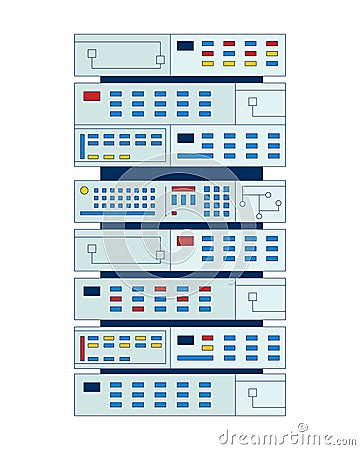 Vertical data server rack with panels and buttons 2D cartoon object Vector Illustration