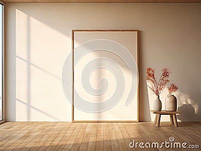 Vertical Empty Frame Mock-Up Template On Floor, Vertical Blank FrameTemplate In A Bright Interior. Generative AI Stock Photo