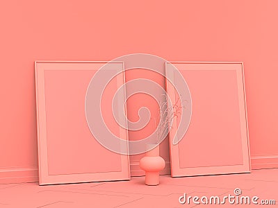 2 vertical empty poster frames on the floor in solid, single pink color room, 3d Rendering, side view, 60x80 Stock Photo