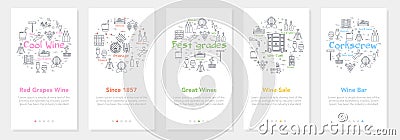 Vertical five banners with line concept of winemaking - Great Wines and Wine Sale Vector Illustration