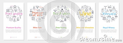 Vertical five banners with line concept of winemaking - premium quality and wine sale Vector Illustration