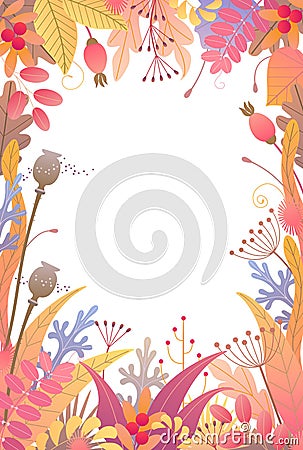 Vertical Floral Frame with Autumn Plants Vector Illustration