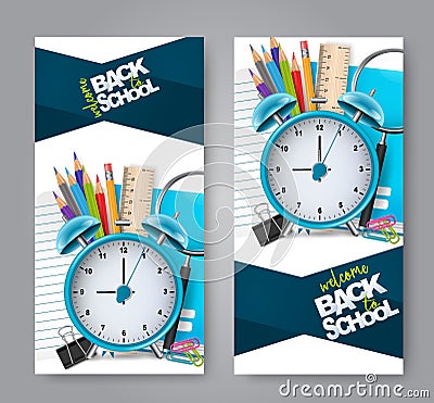 Vertical flyers welcome back to school concept with 3d realistic stationery. Vector Illustration