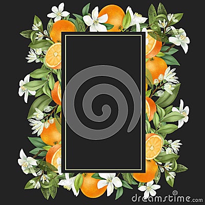 Vertical frame of hand drawn blooming orange tree branches, flowers, oranges Stock Photo