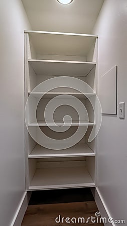 Vertical frame Walk in closet or pantry with empty wall shelves seen through open hinged door Stock Photo