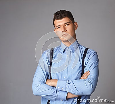 Front view portrait of chic posh stylish confident focused concentrated stunning rich wealthy macho keeping hands in Stock Photo