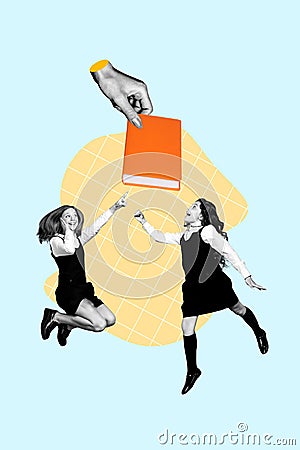 Vertical funny photo collage of two young school girls jump and try to catch a big book learn study isolated on pale Stock Photo