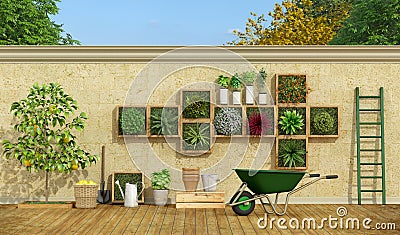 Vertical garden on stone wall Stock Photo