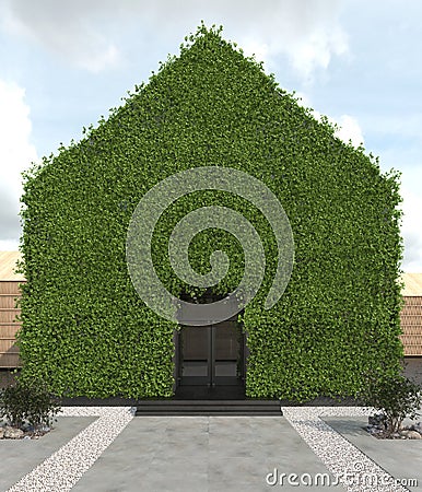 Vertical gardening facade of the house with a sloping roof. Modern green architecture. The phytowall of the building is overgrown Stock Photo