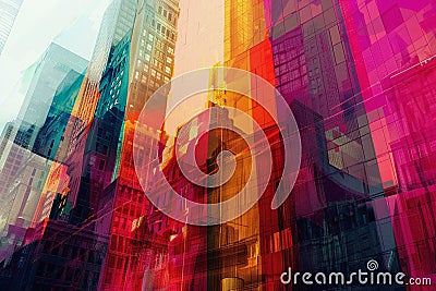 The vertical glitch effect introduces a mesmerizing cross-process element to the art deco style abstract building, Generated AI Stock Photo