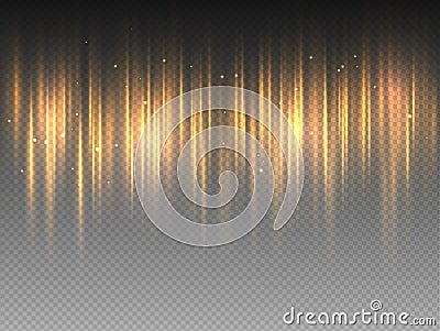 Vertical golden yellow radiance glow pulsing rays on transparent background. Vector abstract illustration of hot orange Aurora Vector Illustration