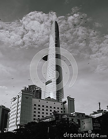 Vertical grayscale shot of the Bitexco tower in Ho Chi Minh City, Vietnam Editorial Stock Photo