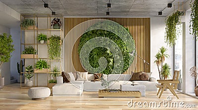 Vertical Green Wall in a living room interior, 3d render Stock Photo