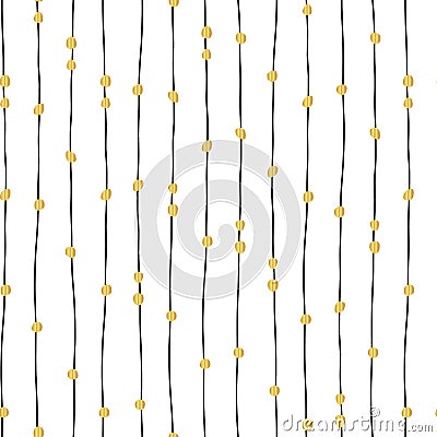 Vertical hand drawn black lines and gold foil dots seamless vector pattern. Vector Illustration