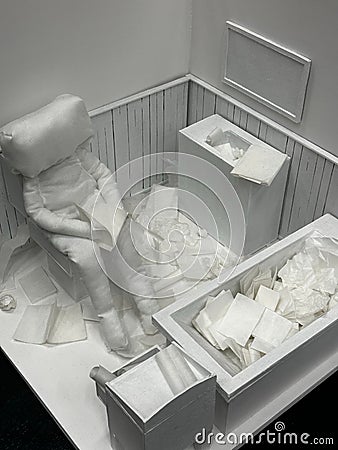 Vertical high-angle view of a messed restroom - Art on display at Diploma Exhibition in Bucharest Editorial Stock Photo