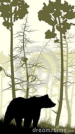 Vertical illustration of bear on grassy hillside. Vector Illustration