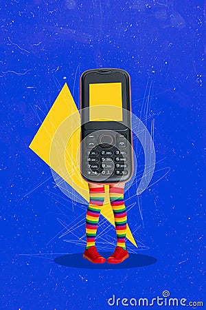 Vertical illustration collage art design headless shy person old button keypad phone with colorful lgbt socks isolated Cartoon Illustration